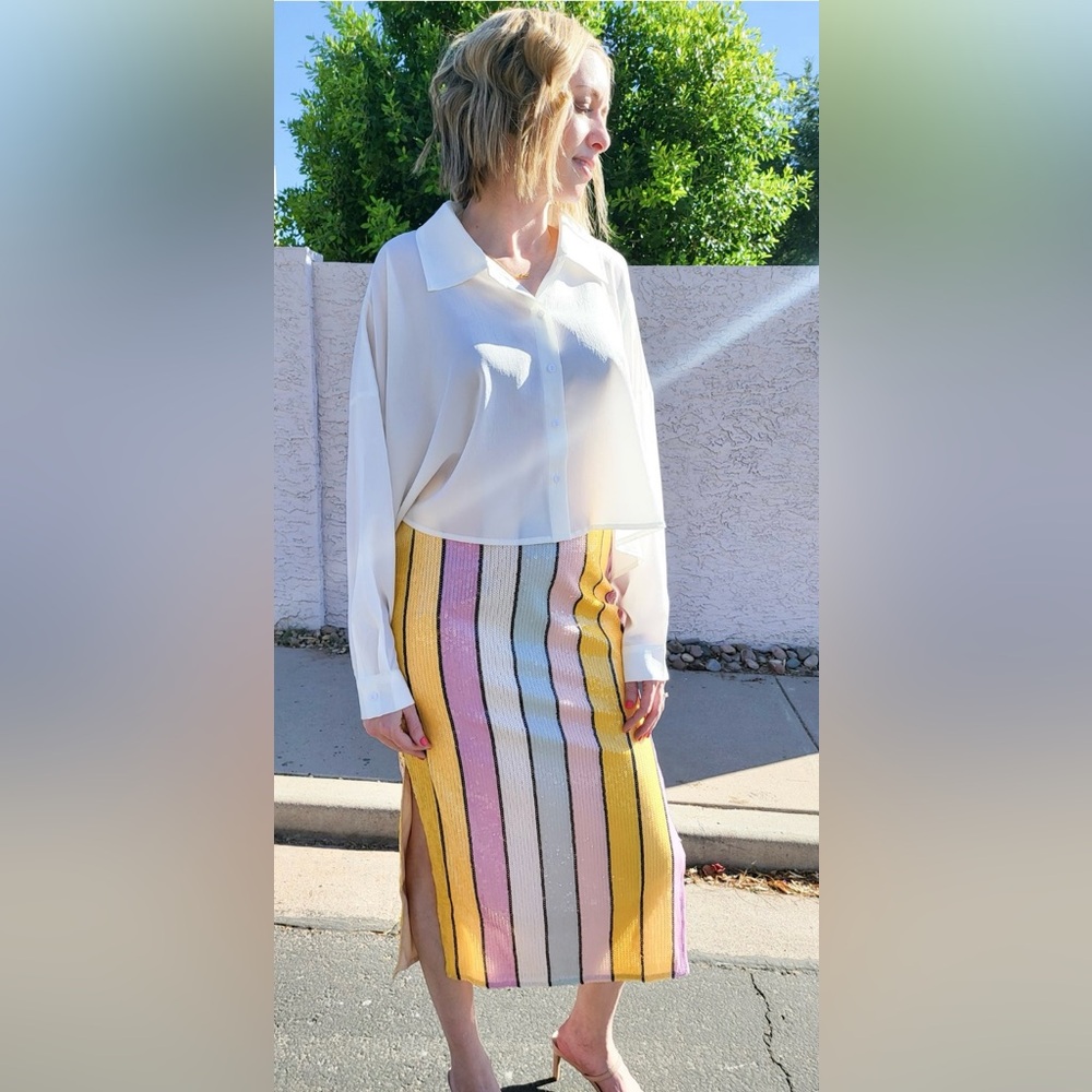 Striped Midi Pencil Skirt in Yellow, Pink, Cream
